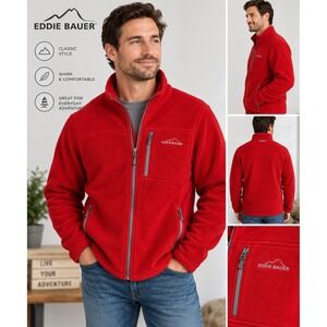 Eddie Bauer Mens Large Red Fleece Jacket Full Zip Chest Pocket Outdoor